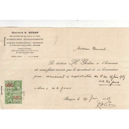 France 1939 Doctor Godar Gynacology Bill Unusual Document VGC