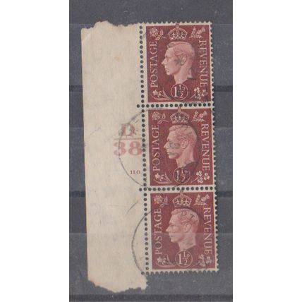 GB 1937 1.5d brown vertical strip of 3 with side strip SG 464