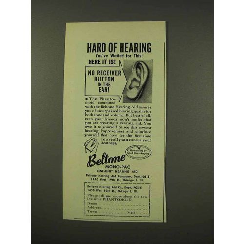 1949 Beltone Phantomold Hearing Aid Ad