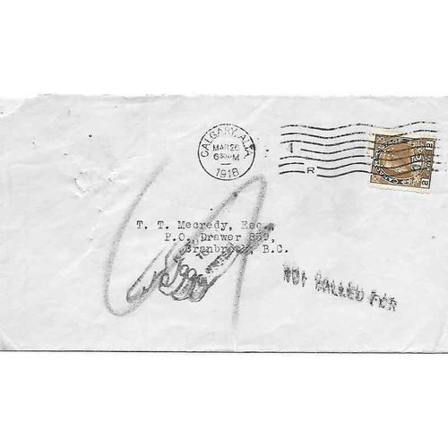 Canada Admiral WAR TAX Perfin CPR Letter Rate 1918, Calgary Alberta to BC