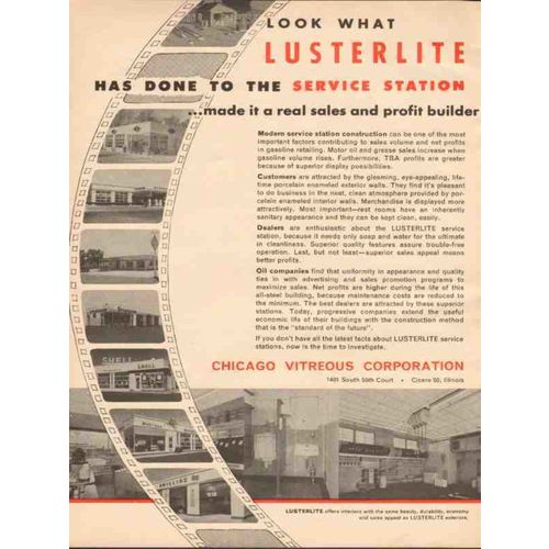 CHICAGO VITREOUS CORP 1955 Lusterlite service station vintage ad