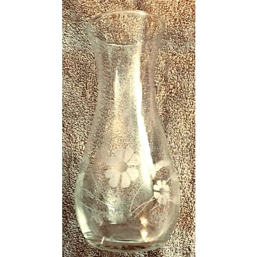 Clear Glass Flower/Decorative Vase with etched flowers 8.5" tall