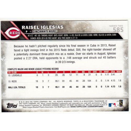 2016 Topps baseball card 585 Raisel Iglesias - Reds