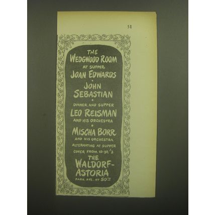 1946 The Waldorf-Astoria Hotel Ad - The Wedgwood Room at supper Joan Edwards
