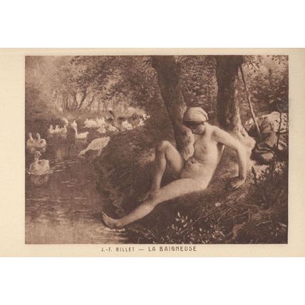 JF Millet La Baigneuse French Risque Lady Nude & Swans Postcard