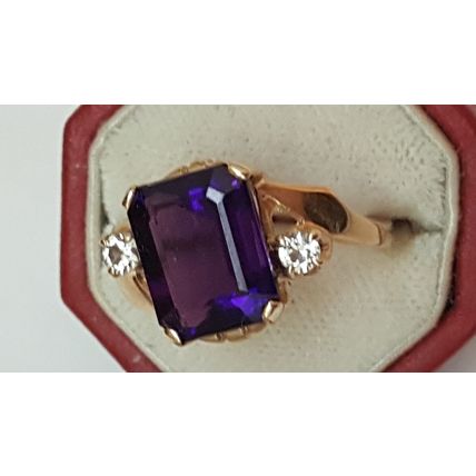 Estate Ladies 10K Yellow Gold Large Genuine Amethyst Diamond Ring, 1950s