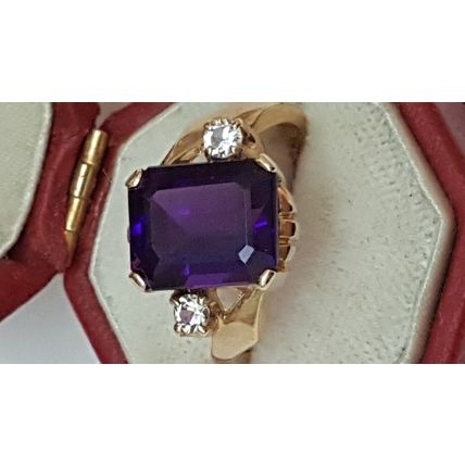 Estate Ladies 10K Yellow Gold Large Genuine Amethyst Diamond Ring, 1950s