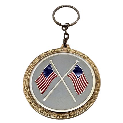 Gold Hill Centennial 1884-1984 Gold-Tone Metal Award USA Flag Keychain Fob Vtg