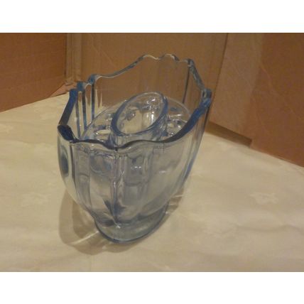 Art Deco Blue Oval Glass Vase with Frog (21cm long x 9cm wide x 9cm tall)