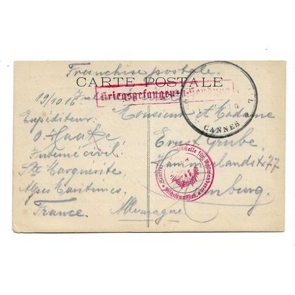 Postcard from German civilian internee in France during WW1 message 1916