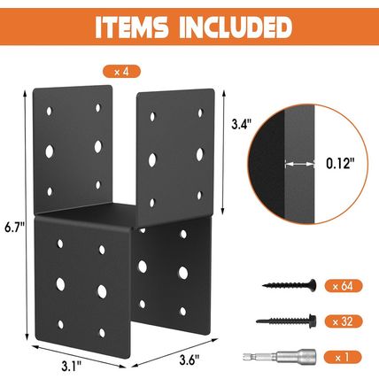 4Pcs Heavy-Duty Post Brackets Kit - 4X4 Wood Deck Mounting, 14-Gauge Steel Base