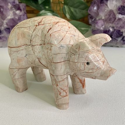 Large Pink Marble Carved Pig Figurine Farm Animal Polished Stone Swine 5" 539g