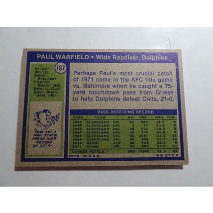 1972 Topps Football Card # 167 Paul Warfield VG-Ex (4) Miami Dolphins