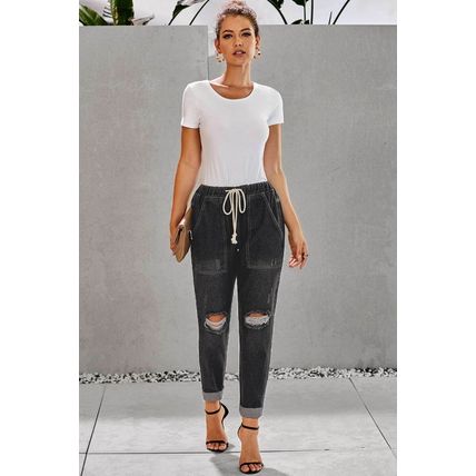 Gather Round Distressed Pocketed Denim Jogger Pants