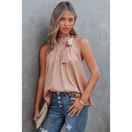 Pink Sleeveless Tie Mock Neck Leopard Tank Top