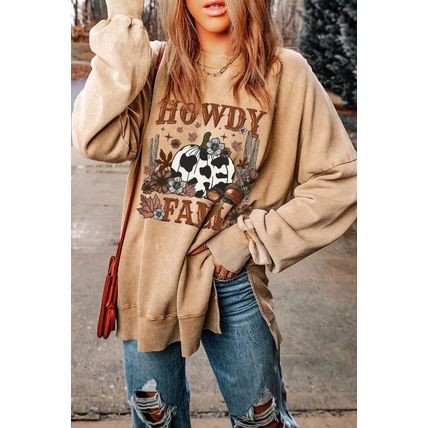 Khaki HOWDY FALL Pumpkin Print Split Hem Sweatshirt