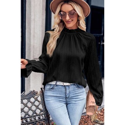 Black Frilled Mock Neck Ripple Bubble Sleeve Blouse