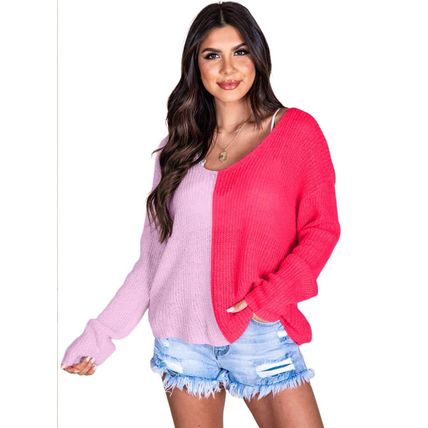 Pink Long Sleeve V-Neck Colorblock Sweater