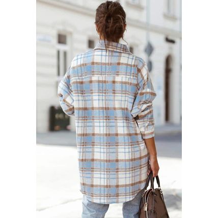 Sky Blue Plaid Flap Pocket Long Sleeve Shacket