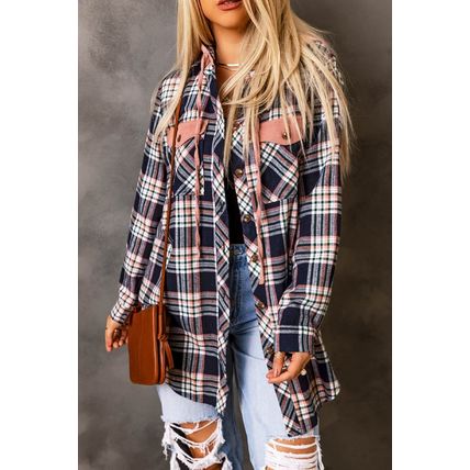 Pink Contrast Hooded Drawstring Plaid Shacket