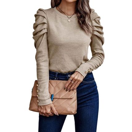 Khaki Buttoned Puff Long Sleeve Sheath Top