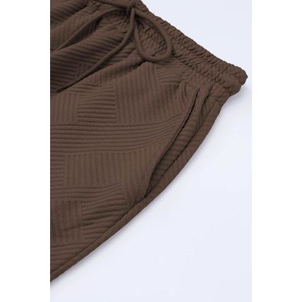 Brown Textured Loose Fit T Shirt and Drawstring Pants Set