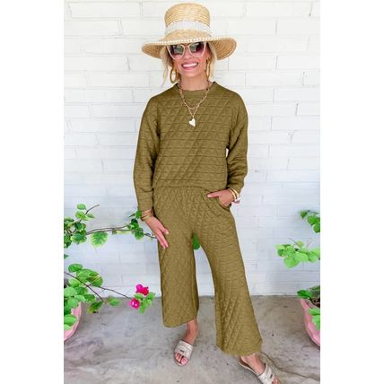 Sage Green Solid Quilted Pullover and Pants Outfit