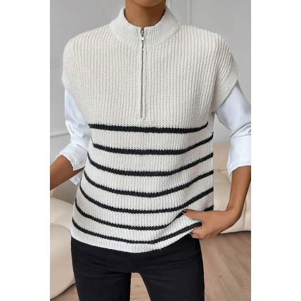 White Stripe Half Zip Split Stand Neck Sweater T-shirt