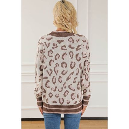 Brown Two-tone Ribbed Trim Contrast Leopard Sweater