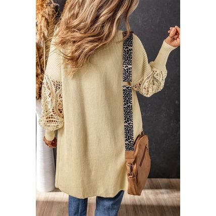 Apricot Crochet Lace Sleeve Ribbed Knit Cardigan