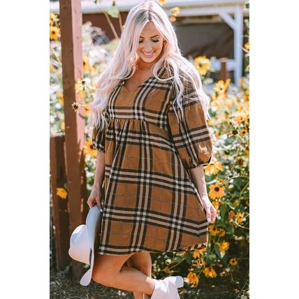 Brown Plaid Pattern Empire Waist Babydoll Dress