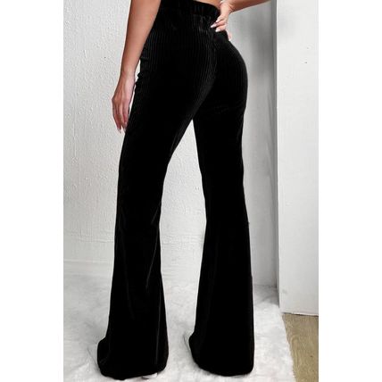 Black Solid Color High Waist Flare Corduroy Pants