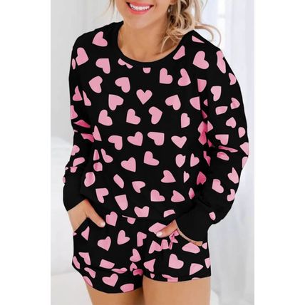 Black Valentine Heart Shape Print Long Sleeve Top Shorts Lounge Set