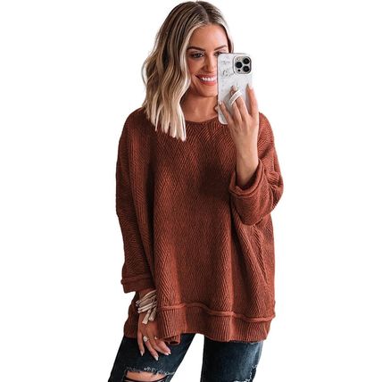 Gold Flame Solid Color Textured Crew Neck Loose Sweater