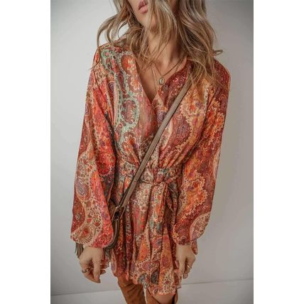 Orange Boho Paisley Print Long Sleeve Pleated Belted Mini Dress