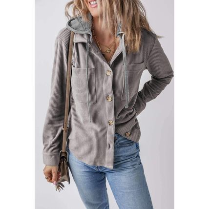 Light Grey Hooded Drawstring Pockets Corduroy Shacket