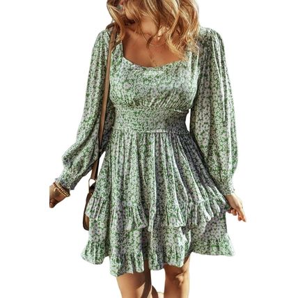 Green Floral Print Square Neck Shirred Waist Tiered Ruffled Mini Dress