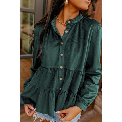 Skobeloff Corduroy Ruffle Tiered Buttoned O Neck Shirt