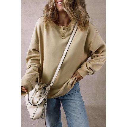 Parchment Solid Fleece Lined Crew Neck Casual Sweatshirt