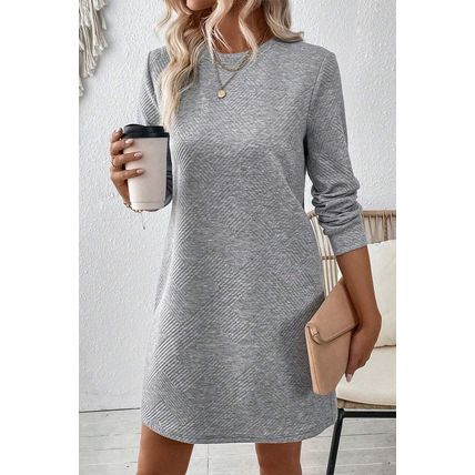 Gray Solid Color Textured Long Sleeve Shift Dress