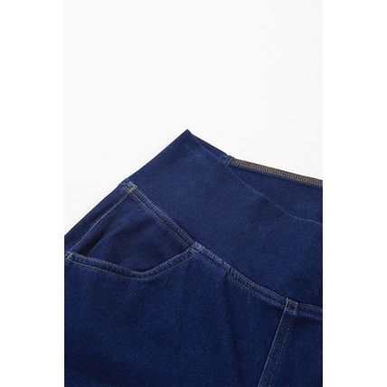 Dusk Blue Solid Crossed Waist High Elastic Fit Flare Knit Jeans
