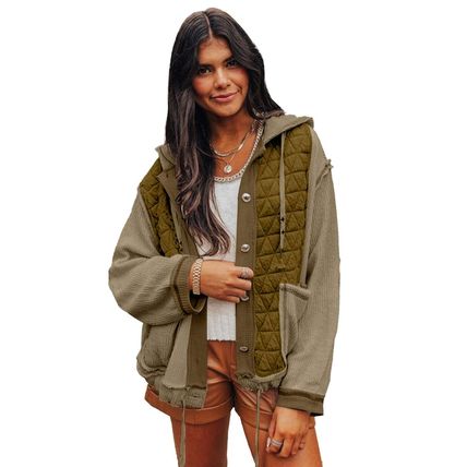 Jungle Green Quilted Textured Patchwork Loose Fit Hooded Jacket