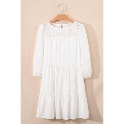 White Floral Lace Patchwork Bracelet Sleeve Tiered Mini Dress