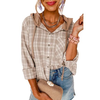 Khaki Checkered Print Loose Fit Buttoned Hooded Shacket