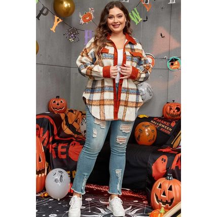 Brown Stripe Plus Size Plaid Print Collared Buttoned Jacket