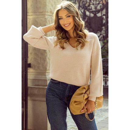 Apricot Lantern Sleeve V Neck Knot Back Sweater