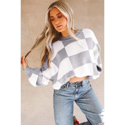 Gray Checkered Bishop Sleeve Sweater