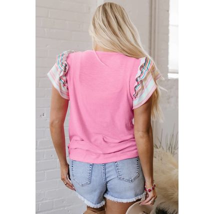 Bonbon Striped Ruffle Flutter Sleeve Ribbed Blouse