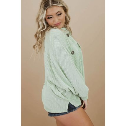 Green Plus Size Ribbed Pocketed Long Sleeve Henley Top