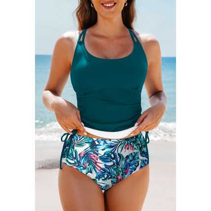 Sea Green Drawstring Tummy Control Mix-and-match 2pcs Tankini Swimsuit